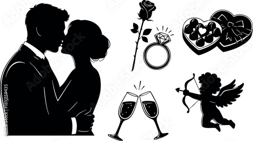 Romantic couple silhouette wedding engagement ring rose heart chocolates cupid vector illustration