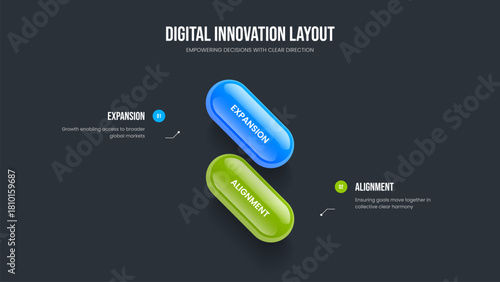 Product Introduction 2 Step Diagram Slideshow Design. Professional Report Two Option Infographic Slide Template. Service Showcase Presentation Layout Vector Illustration.