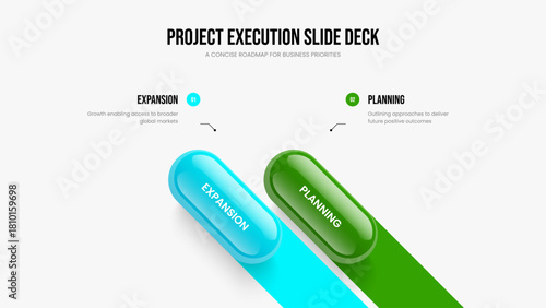 Investor Showcase Slideshow Template Vector Illustration. Market Growth Two Element Infographic Slide Design. Consulting Campaign 2 Step Diagram Presentation Layout.