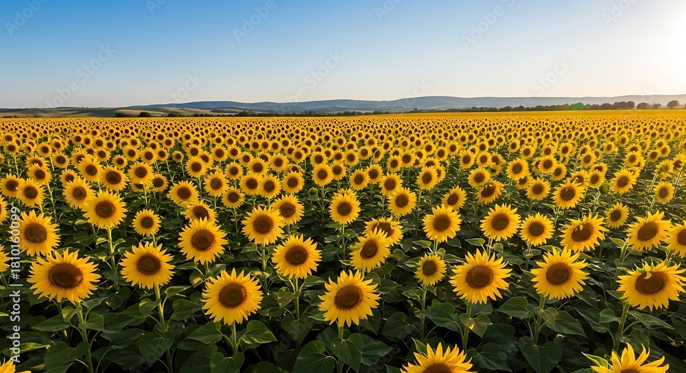 Fototapeta premium A vast field filled with sunflowers under a clear blue sky at daytime