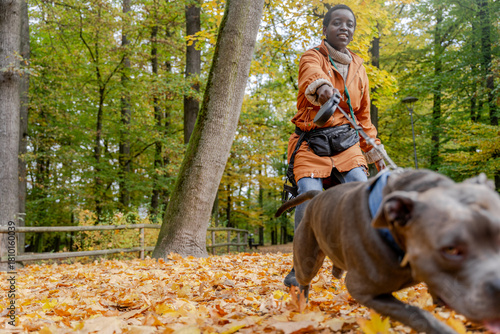Black woman running with American Staffordshire Terrier on autumn forest path during active outdoor walk