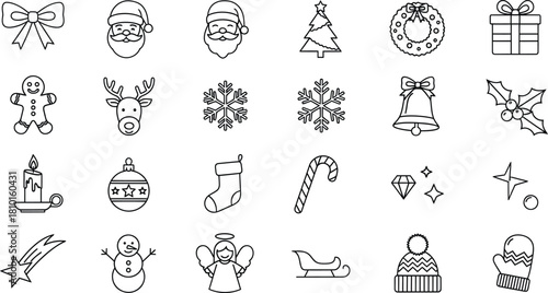 Collection of hand drawn christmas icons in black and white style