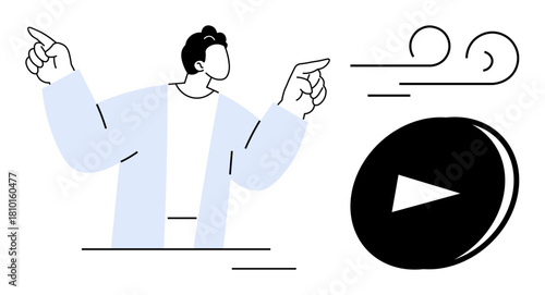 Person pointing toward a play button with dynamic motion lines and abstract wind elements. Ideal for media, creativity, direction, decision-making, marketing, streaming, entertainment, simple flat