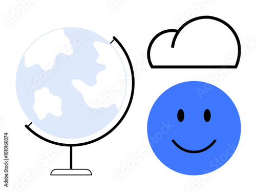 Global connectivity concept. Globe, cloud, and smiling face symbols reflect of networking, positivity, and communication. Global connectivity drives social impact, teamwork, and digital innovations