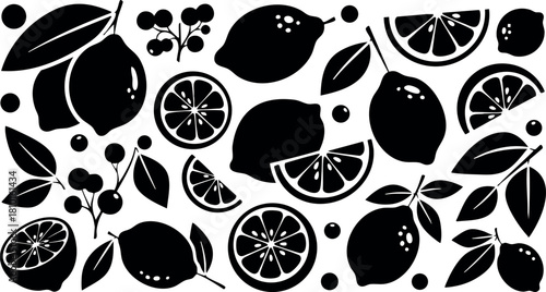 Lemon fruit slices berries leaves vector illustration citrus fresh design black and white style
