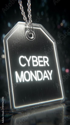 A glowing sign that reads Cyber Monday is highlighted in a dark, digital setting. The neon effect adds a modern touch, capturing the energy of online shopping events.