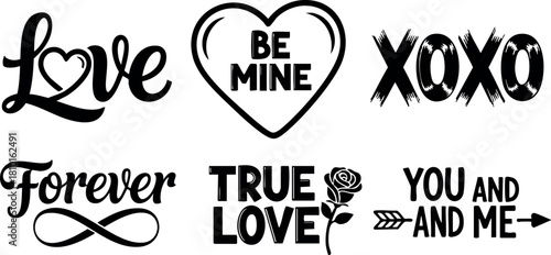 Love text graphics be mine xoxo forever true love you and me romantic vector illustration