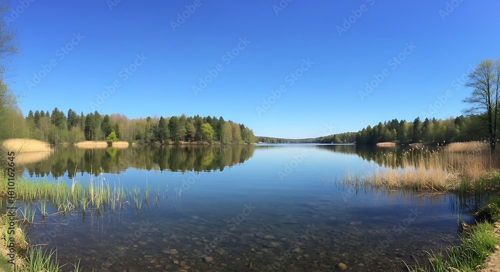 Obraz premium Serene lake view with clear blue sky and reflections of trees in the water