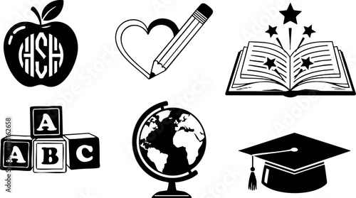 Education icons set with apple pencil heart book globe blocks graduation cap vector illustration