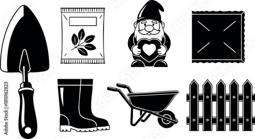Garden tools and decorations with shovel boots wheelbarrow fence and gnome vector illustration