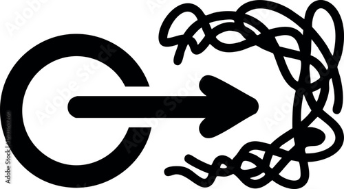 Arrow entering circle symbol with tangled lines representing complexity and direction vector illustration