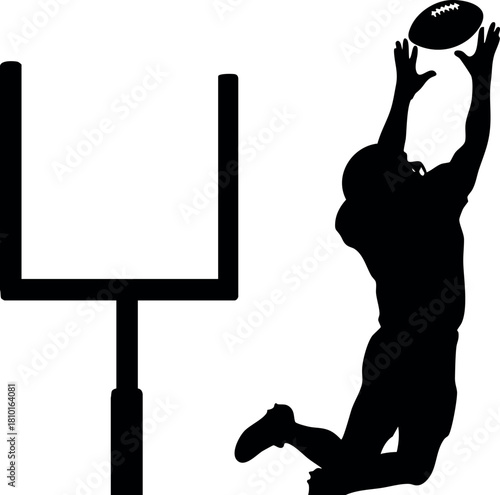 American football player catching ball near goalpost silhouette vector illustration