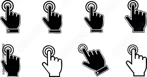 Hand cursor clicking icons set button press vector illustration black and white style for user interface design