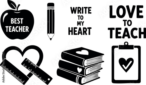 Teacher appreciation vector set with apple pencil books and heart symbols for education and love of teaching