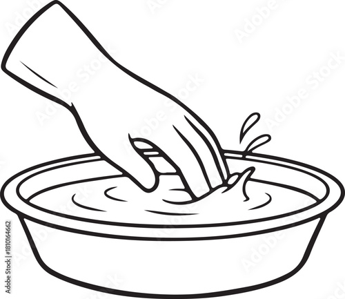 A hand dipping into a bowl of water simple black and white illustration