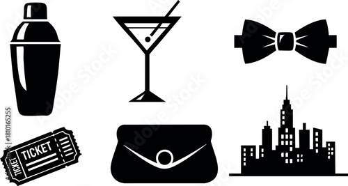 Cocktail shaker martini glass bow tie ticket purse city skyline black icons vector illustration