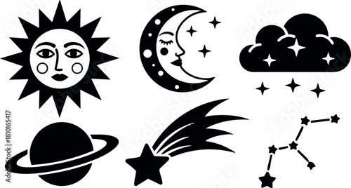 Sun moon stars cloud planet comet constellation celestial vector illustration simple design