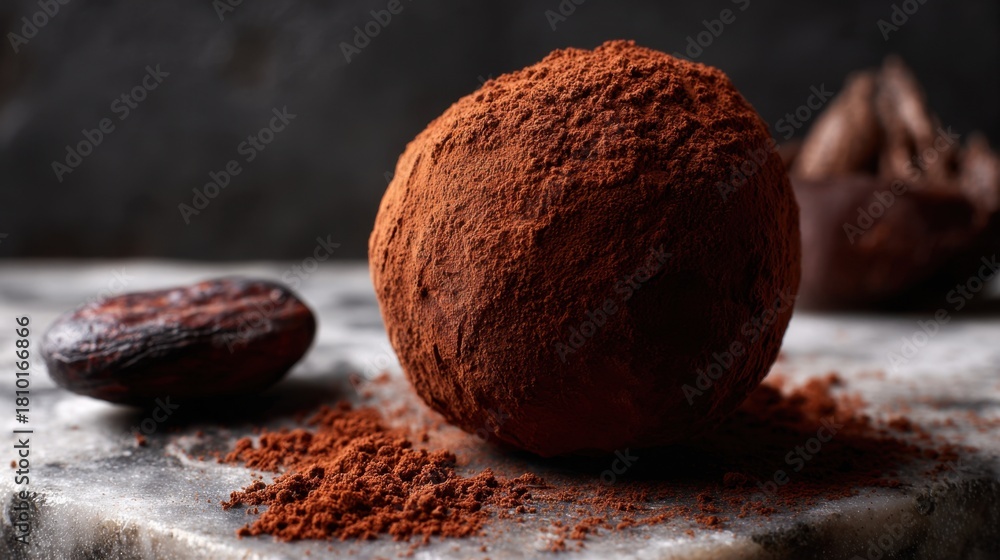 Fototapeta premium Cocoa truffle coated in dark cocoa powder sits on marble with cacao beans scattered around it in dim lighting.