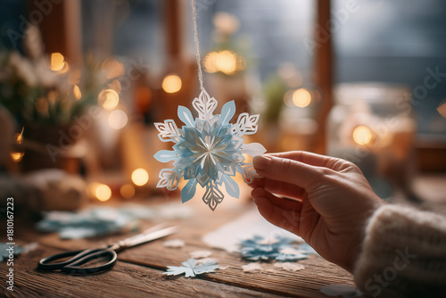 hands crafting white paper snowflake