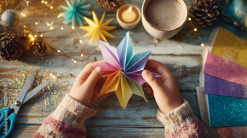child making colorful paper snowflake at craft table
