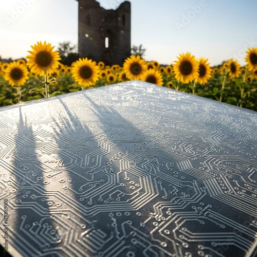 Circuit pattern reflecting light above a sunflower field.