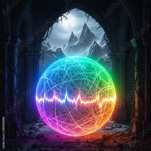 Glowing Magic Orb with Pulse Wave in Gothic Ruins.
