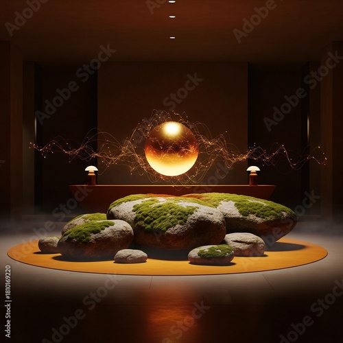 Conceptual display of moss rocks and a golden energy sphere.