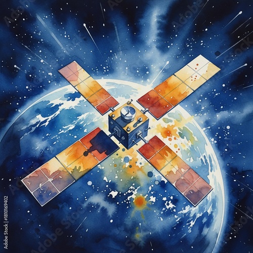 Retro Satellite Orbiting Earth in Watercolor Art.