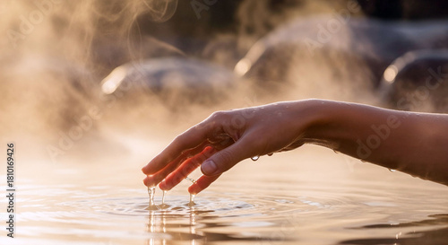 Close-up of a hand with a serene mood touching the water in a hot spring surrounded by steam