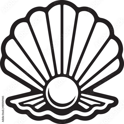 Black and white illustration of a seashell with a pearl inside