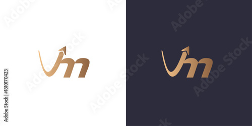 letter V and M arrow success logo Golden gradient vector emblem logotype for business cards symbol.