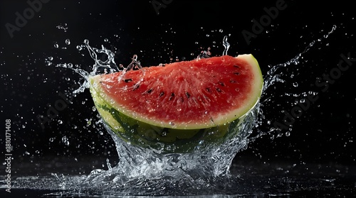 Watermelon With Splash Water On Black Background With Juicy Red Flesh