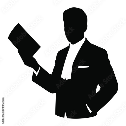 Silhouette of a lawyer in a suit holding a book, isolated on white background the image is a black and white vector illustration of a professional in the legal field