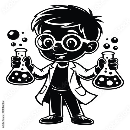 Silhouette of a cartoon scientist boy holding beakers with bubbles, isolated on white background the image is a black and white vector illustration of a child in science