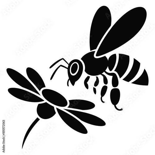 Silhouette of a bee flying near a flower, isolated on white background the image is a black and white vector illustration of an insect and a plant in nature