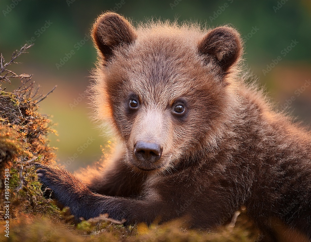 Fototapeta premium Brown Bear Cub in Forest Light: A Close-Up Portrait of Wild Innocence and Gentle Curiosity