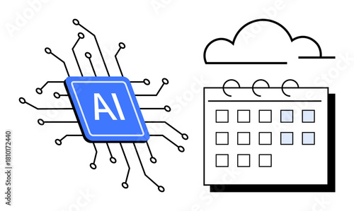 Microchip with AI text and circuits alongside a calendar and cloud symbolizing technology, automation, and organization. Ideal for AI, technology, data, scheduling, innovation, cloud productivity