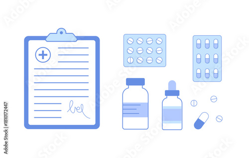 Set of medical objects for pharmacy or clinic, document, pills, bottle, drops.