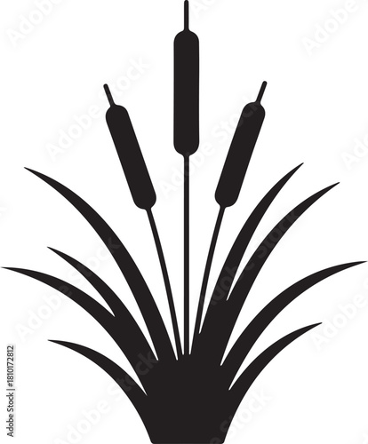 Simple black silhouette illustration of cattails and leafy reeds