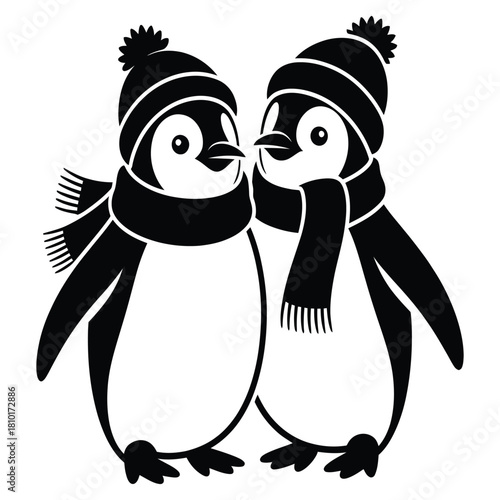 Two penguins stand sidebyside, wearing hats and scarves, isolated on white background the penguins are black and white, and they are looking at each other the image is cute and festive