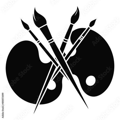 A creative arrangement of paintbrushes and palettes, isolated on white background, symbolizing artistic expression, creativity, and the joy of painting and visual arts