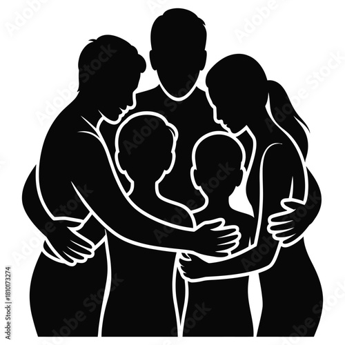 A stylized family huddles together, representing unity, support, love, and togetherness isolated on white background