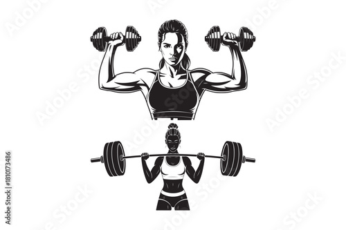 Strong woman lifting weights and performing bicep curls
