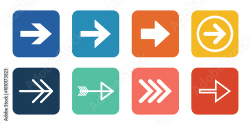 colorful arrow icons set showing different forward directions, navigation buttons, ui pointers, and direction symbols for apps and web design
