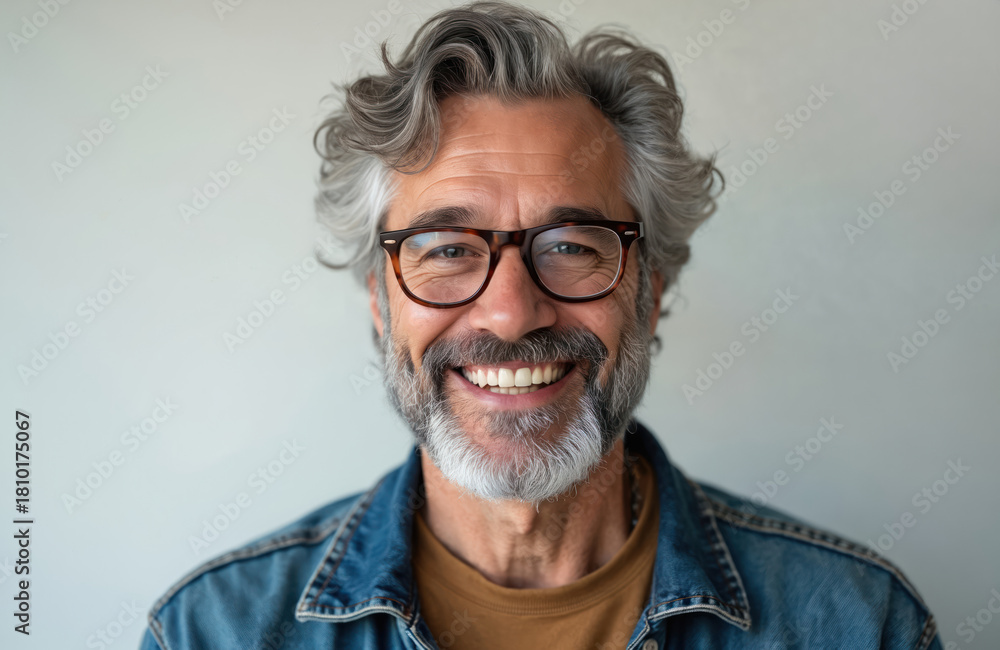 Obraz premium Handsome mature man with grey hair, beard smiles broadly. Wears stylish modern eyeglasses, casual denim jacket. Confident older gentleman looks directly at camera against light wall. Cheerful face