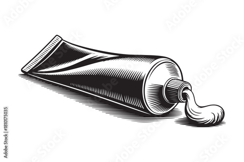 Vintage engraved illustration of a squeezed paint tube with creamy substance