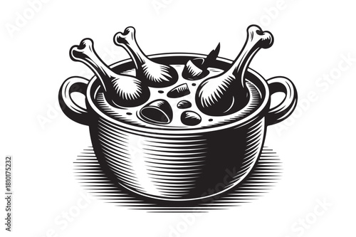 Rustic woodcut style illustration of chicken legs in a pot