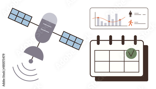 Satellite emitting signals, analytics chart with trends and figures, calendar marked with a check. Ideal for technology, planning, analytics, research, logistics, time management communication