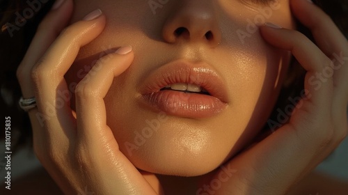 Sensual Close-Up of Glossy Lips and Hands in Warm Soft Light