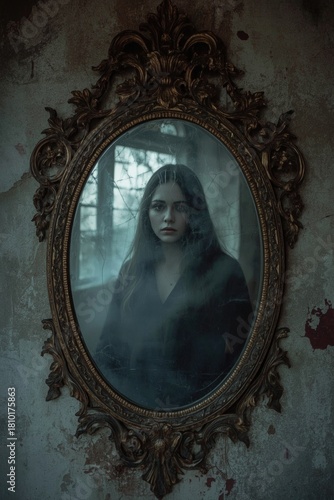Haunted Gothic Mirror with Mysterious Woman Reflection in Abandoned Room